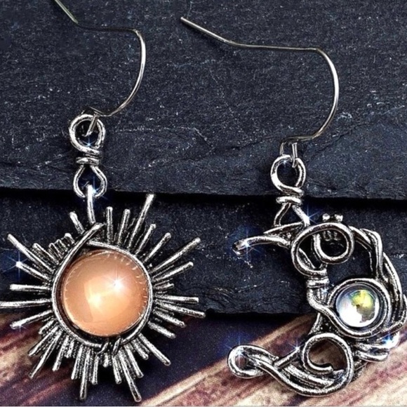 Bohemian Astrology Sun Moon Silver Wire Wrapped Celestial Stone Mismatch Dangles - Picture 9 of 16